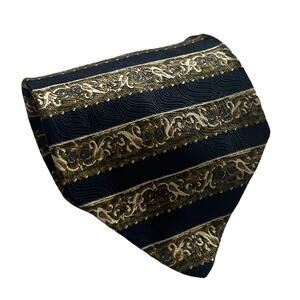 Principe Navy Blue Green Tan Striped Ornate Pattern Silk Tie